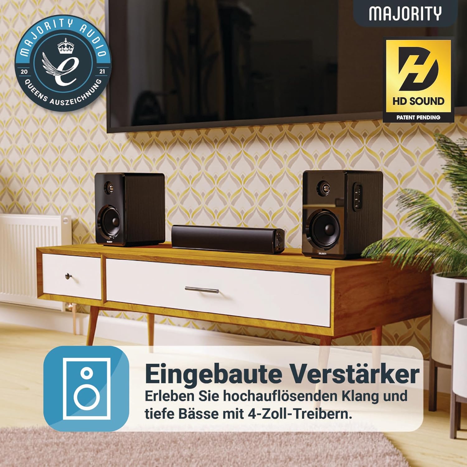 MAJORITY D40 Bluetooth Lautsprecher Boxen | 60W 2.0 Aktivlautsprecher | Studio Monitor mit 4-Treiber | Regallautsprecher für HiFi Stereo mit Optischer, RCA-, USB- und AUX-Eingang | Fernbedienung