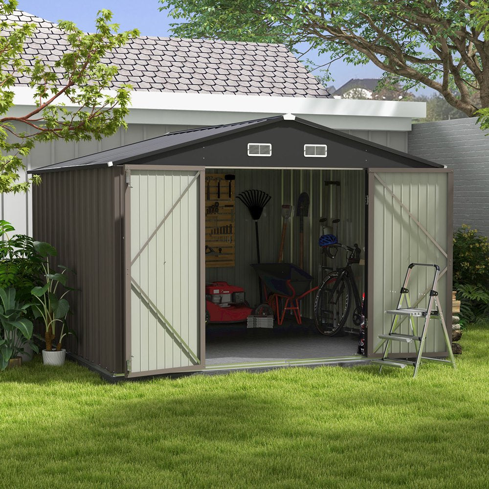 Patiowell 10×10 ft Metal Storage Shed, Sloping Roof, Double Lockable Doors, Galvanized Steel, Coffee Brown