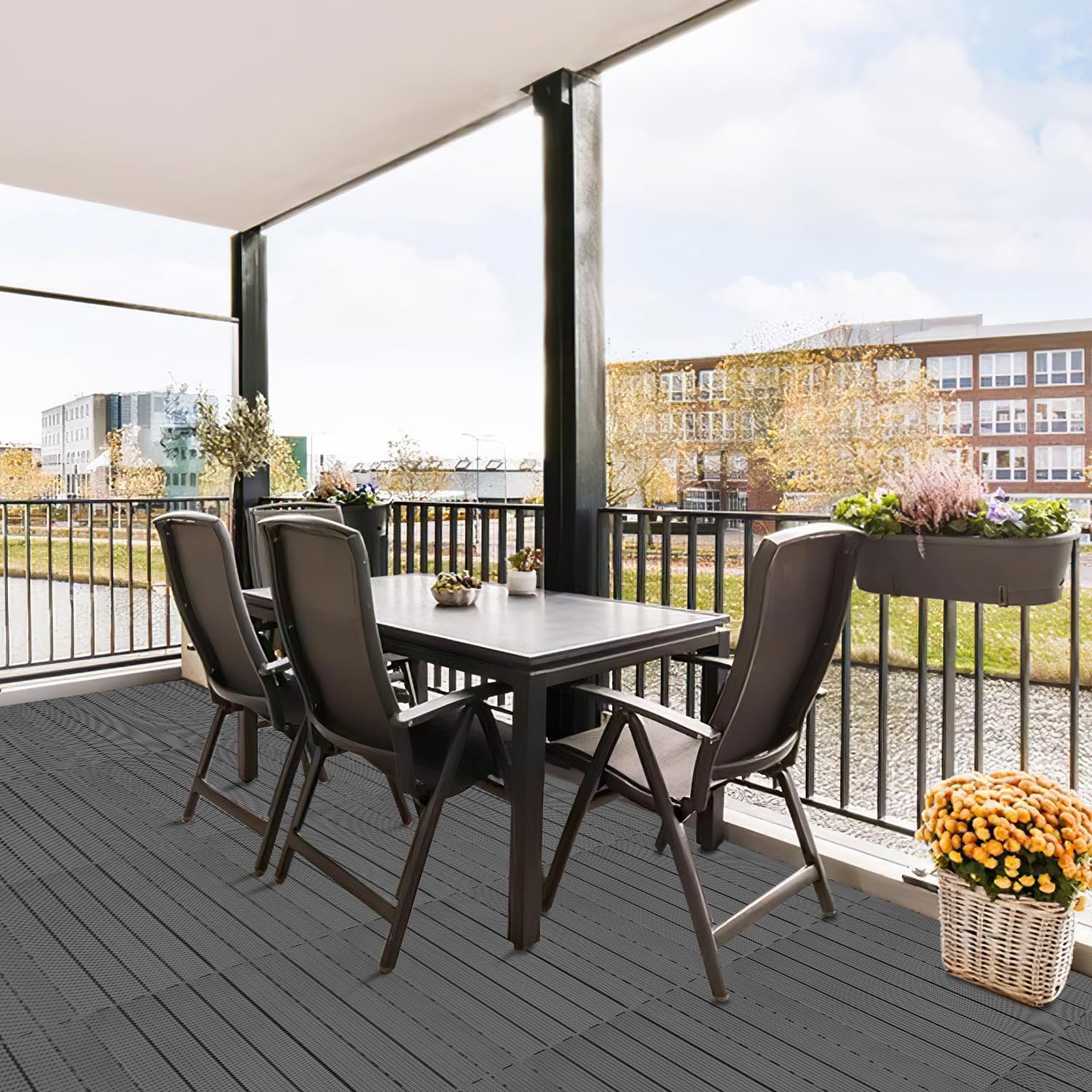 Fiqops 36 Stück WPC Terrassenfliesen, 30x60 cm Balkon Bodenfliese,Gartenfliesen mit Klick-System,Terrassendielen Balkonfliesen Klickfliesen,Terrassendielen Wasserfest für Terrasse,für 6m² Anthrazit