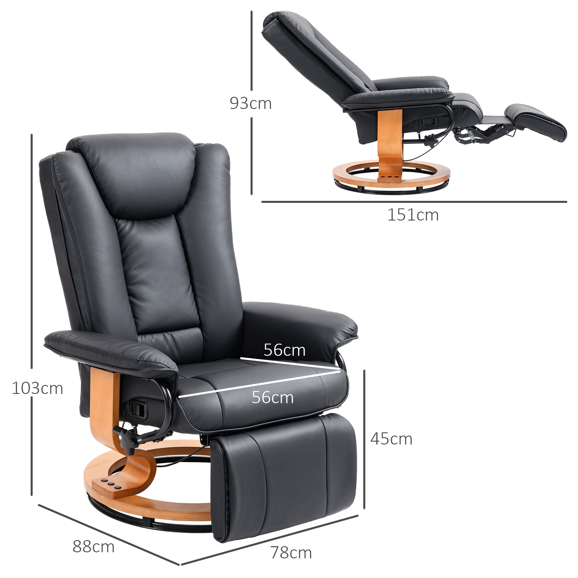Relaxstoel met Ligfunctie, Draaibaar, tot 150 kg, Kunstlederbekleding, Stalen Frame, Zwart