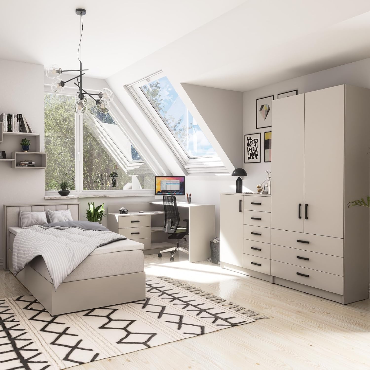Kleiderschrank Sigma 90 cm breit mit 2 Drehtüren und 3 Schubladen Korpus in Kaschmir Schlafzimmerschrank Kinderzimmerschrank Systemschrank (Türen-Kaschmir, Schubladen-Kaschmir)