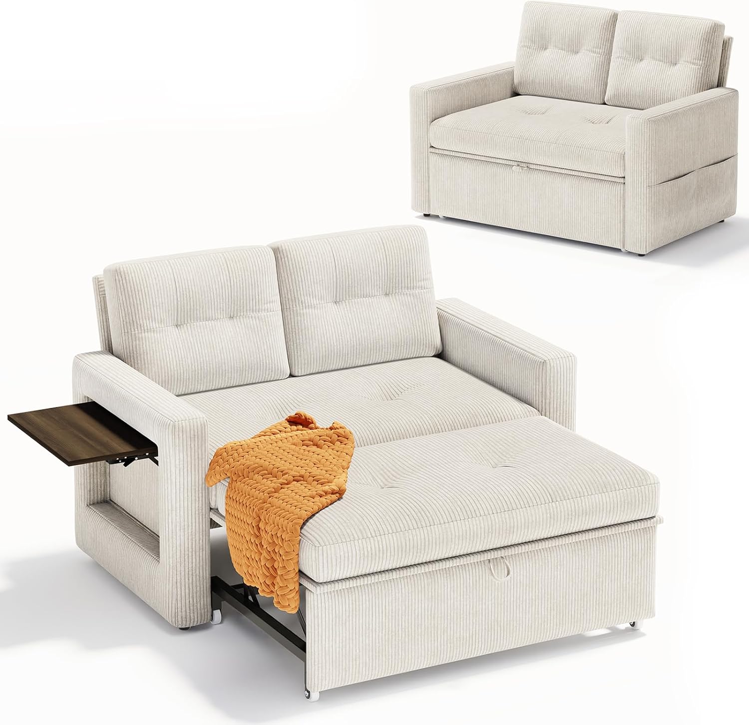 YOUDENOVA Sofá Cama 3 en 1, Sillón Cama multifunción, Sofá reclinable con Respaldo Regulable en 5 Posiciones, Sofá Cama para 2 Personas con Mesa y Bolsillos Laterales, Pana Beige