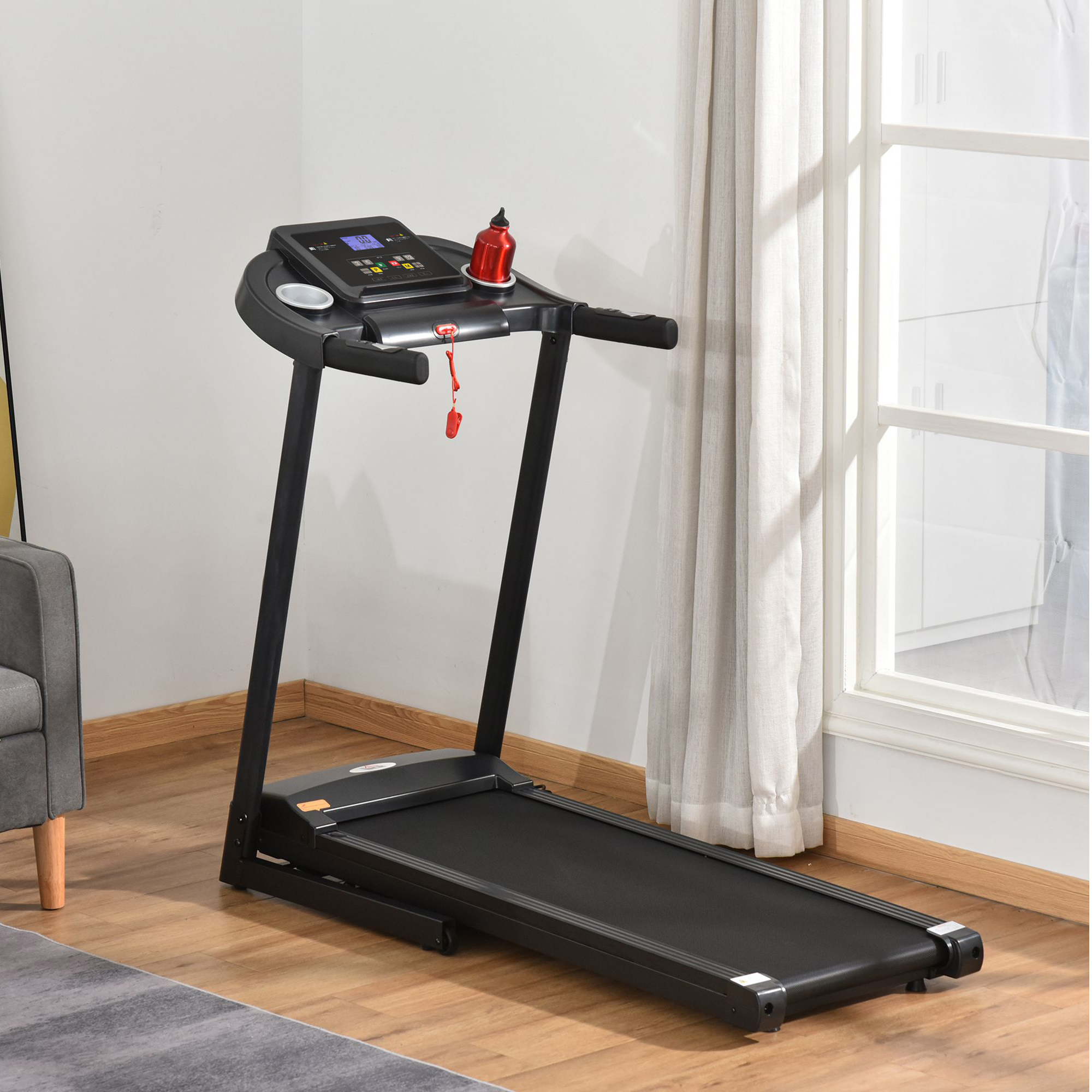 elektrische loopband opvouwbaar met 12 vooraf ingestelde programma's met LED-display bekerhouder en gsm-houder zeer geschikt voor home gym indoor fitness zwart 134 x 60 x 118 cm