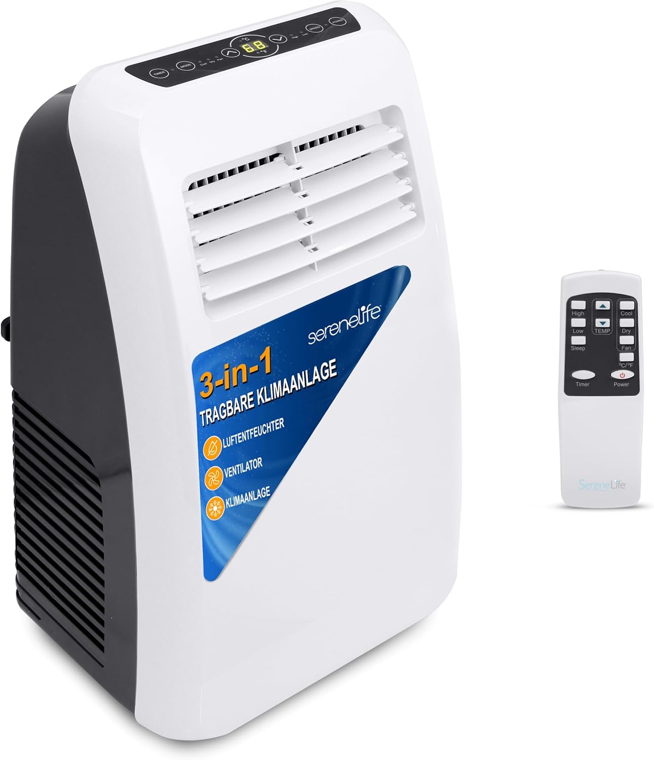 SereneLife Mini Klimaanlage mobil, 3-in-1 mobiles Klimagerät mit Abluftschlauch – Luftkühler, Luftentfeuchter & Ventilator, Air conditioner – 9.000 BTU, 1,5L Feuchtigkeit/Stunde, kühlt Räume bis 42 m2