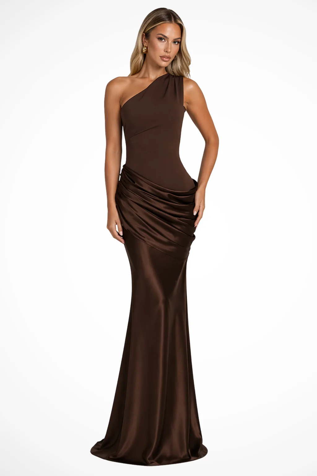 Damen Satin Maxikleid mit One-Shoulder Design | Elegantes Abendkleid mit Raffungen f��r Hochzeitsg?ste | Festliches Kleid