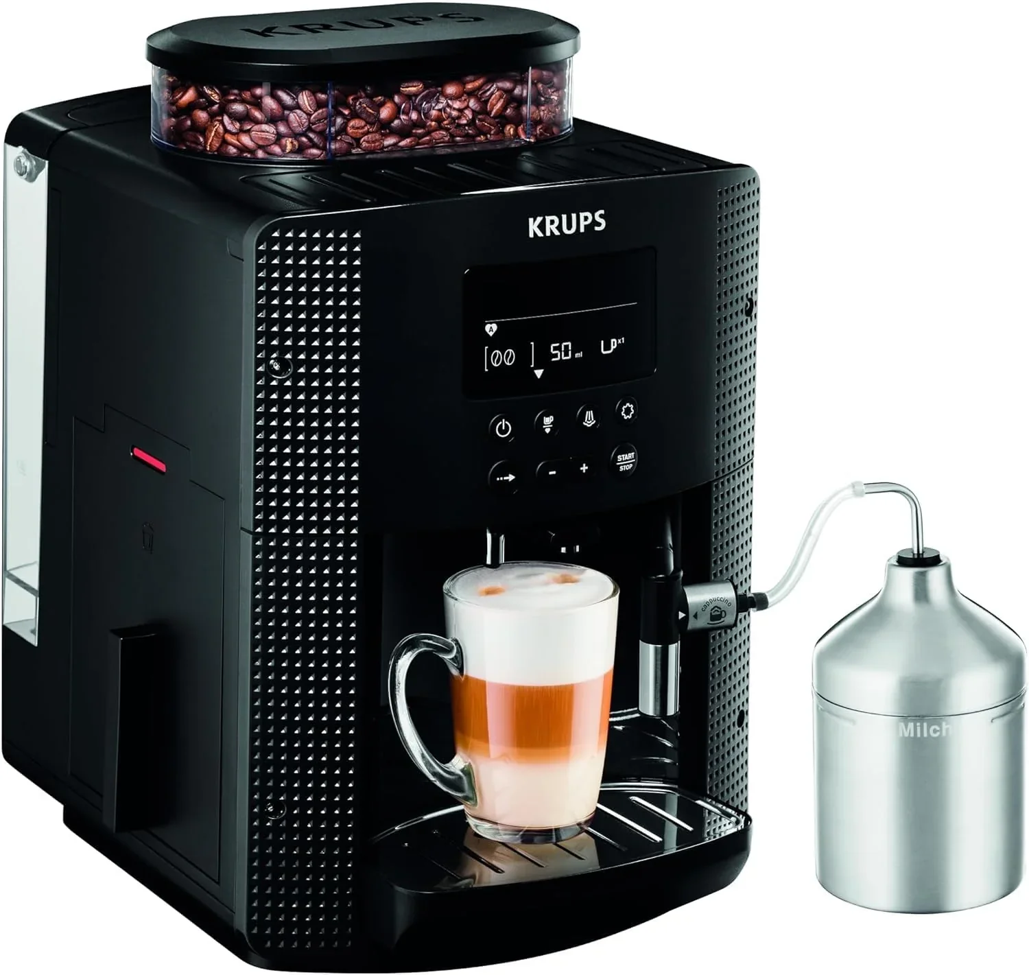 Krups Essential Kaffeevollautomat mit Milchschlauch, 2-Tassen-Funktion, LCD-Display, Einfache Reinigung, Kaffeemaschine, T��V-Siegel, Schwarz, EA816031