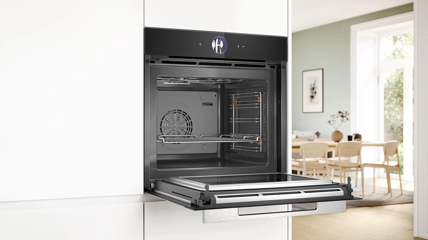 Bosch HMG7361B1, Serie 8 smarter Einbau-Backofen mit Mikrowellenfunktion, 60 x 60 cm, Made in Germany, Schwarz, Air Fry, Digitaler Bedienring, Touchdisplay, Automatikprogramme, Reinigungsunterst��tzung