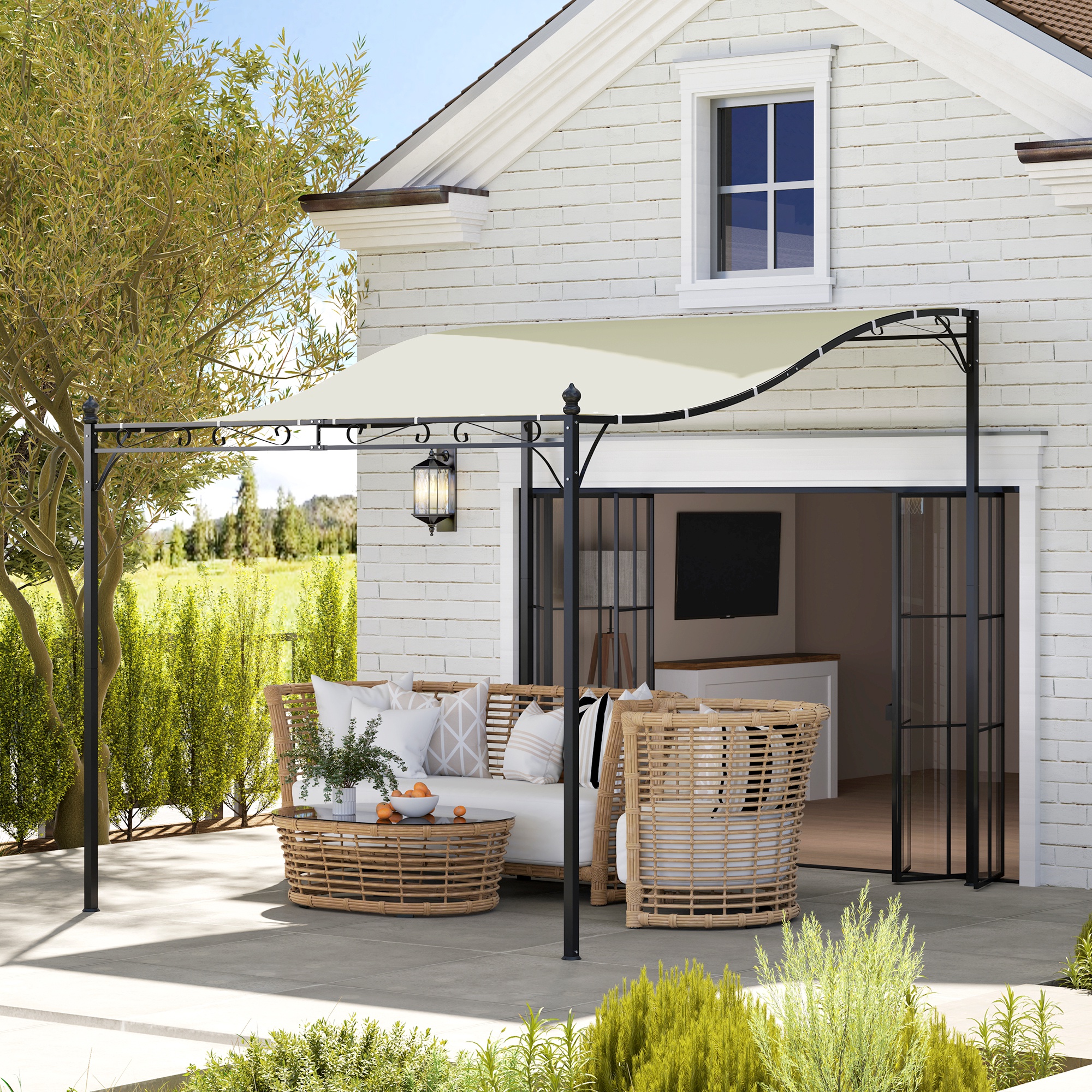 2,5 x 3 m Pergola, Wandgemonteerde Tuinpaviljoen, waterbestendig, Metalen frame, Afvoergaten, Schaduwdak, Cr��mewit