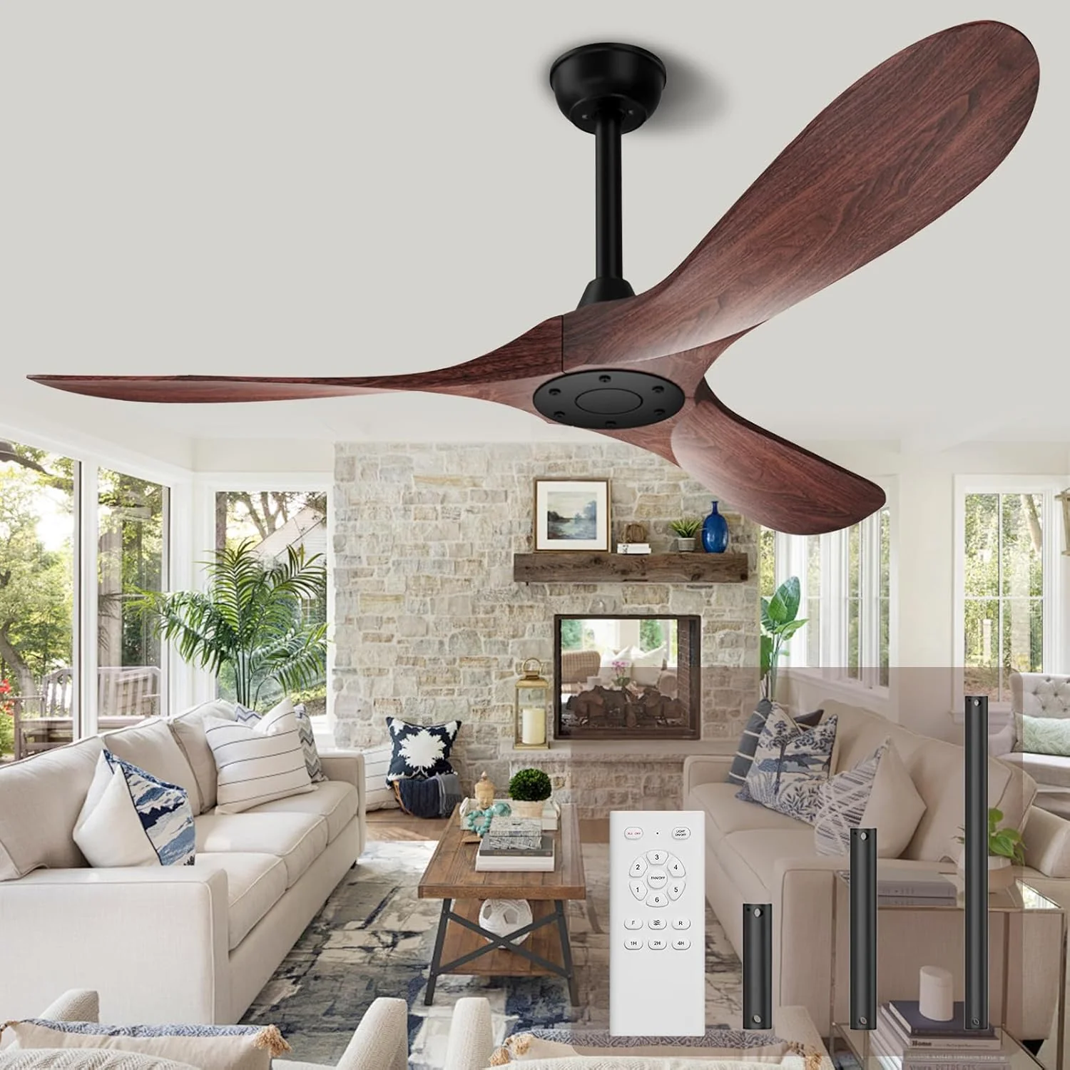 Biukis Plafondventilator van 152 cm met afstandsbediening, 6 snelheidsniveaus, omkeerbare DC-motor voor gebruik het hele jaar door, geschikt voor buiten, tuin, woonkamer, slaapkamer �C Walnoot