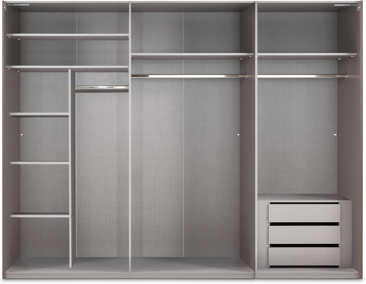 Schwebetürenschrank 3-türig B300/H216/T65 cm Weiß m. Glasfront, Spiegel, schwarzen Griffleisten, inkl. Selbsteinzug, Kleiderschrank m.Einlegeböden, Kleiderstangen, Schubladen, Wäscheeinteilung / 22039