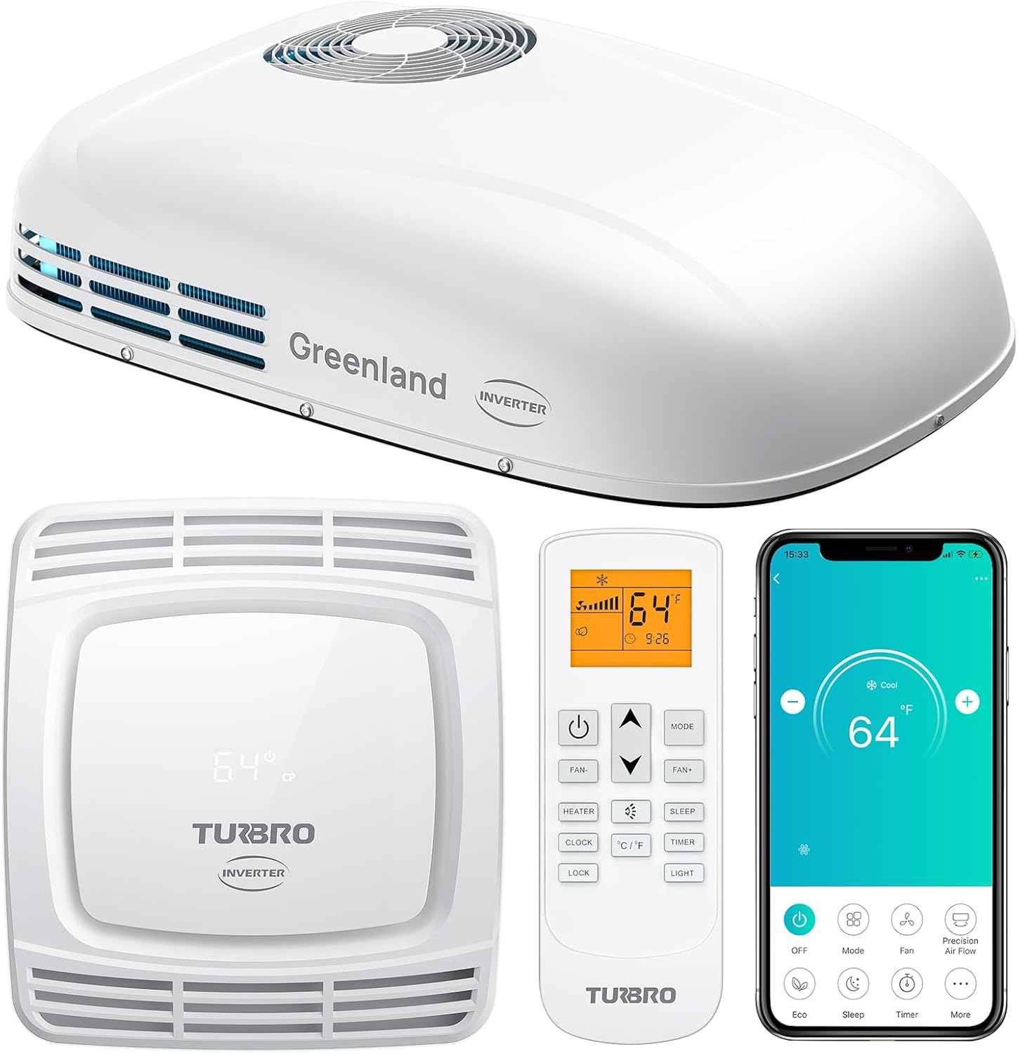 TURBRO Wechselrichter-Klimaanlage ​​für Wohnmobile​​ mit Wärmepumpe, 3,600 W Dachgerät ohne Kanäle und Deckenmontage mit Ambiente-Leuchte, leiser Betrieb, 220-240V AC, Fernbedienung & WLAN, weiß