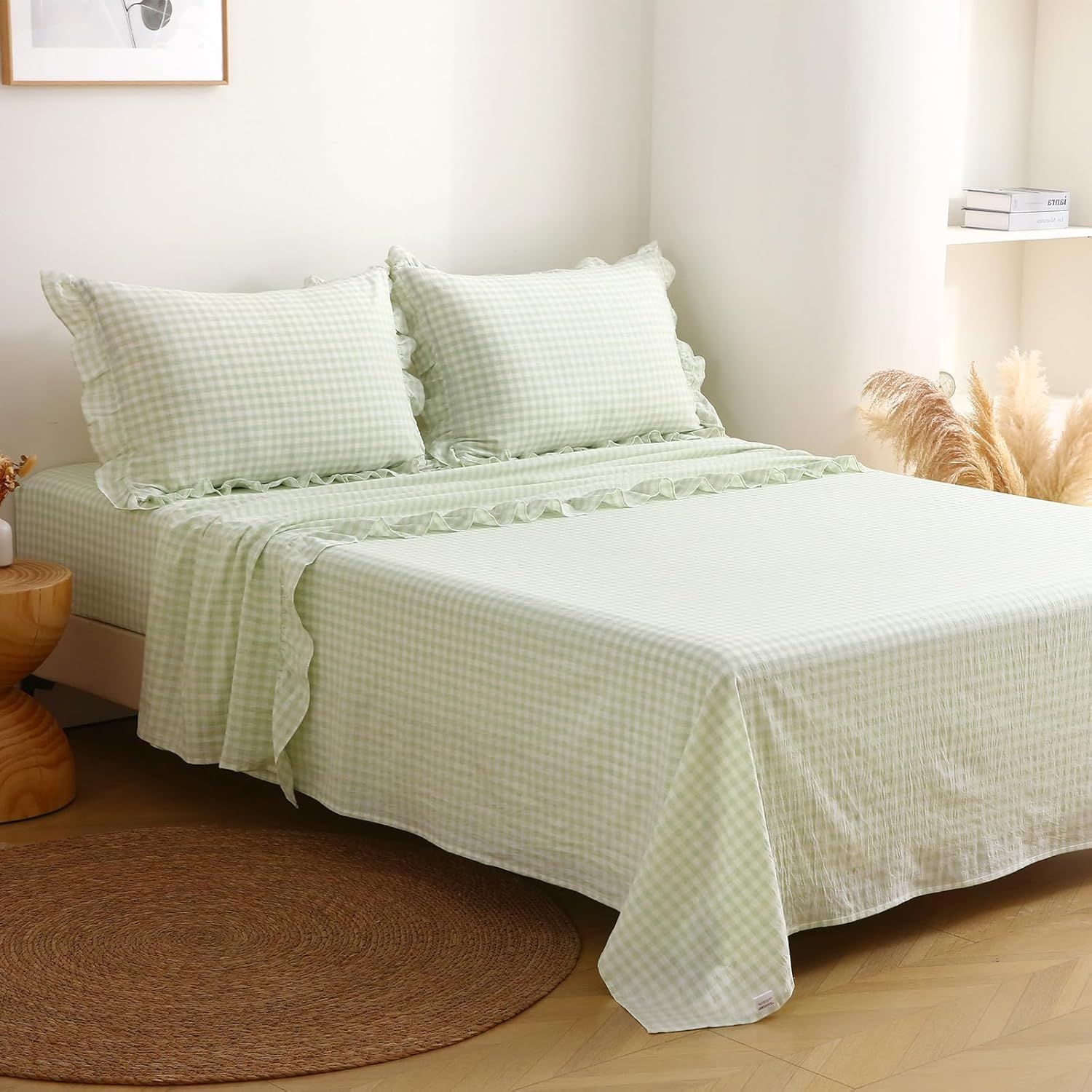 K MASANIJI Twin Size Green Plaid Ruffle Gingham Sheets Set, 4-Piece 300TC Cotton Bedding with 18 Inch Deep Pocket