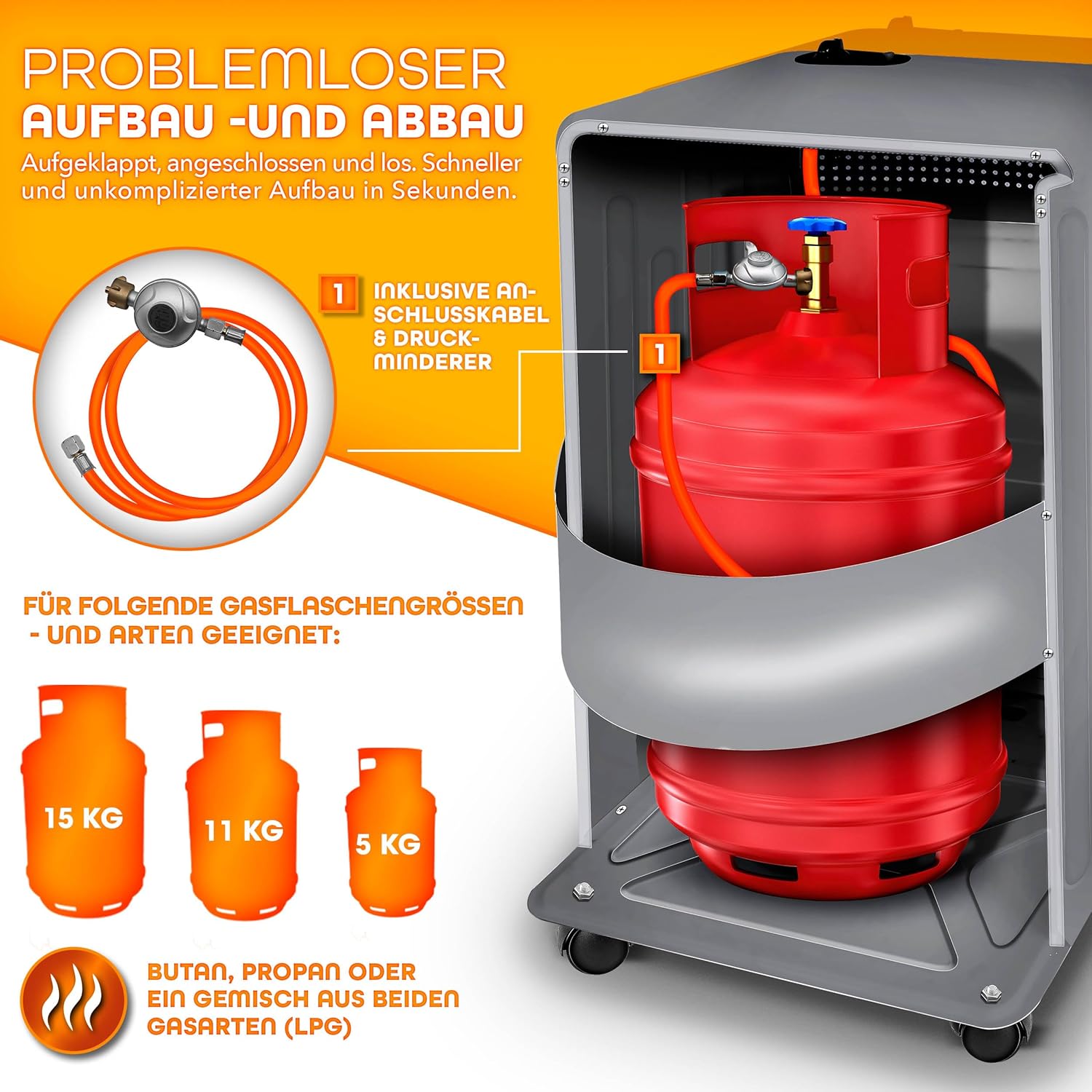 TRESKO 4200 Watt Gasheizung inkl. Gasdruckregler Gasschlauch + Abdeckung | Gasheizer Gasofen Gasheizofen mit 3 Stufen | Infrarot Gasheizgerät (Grau)