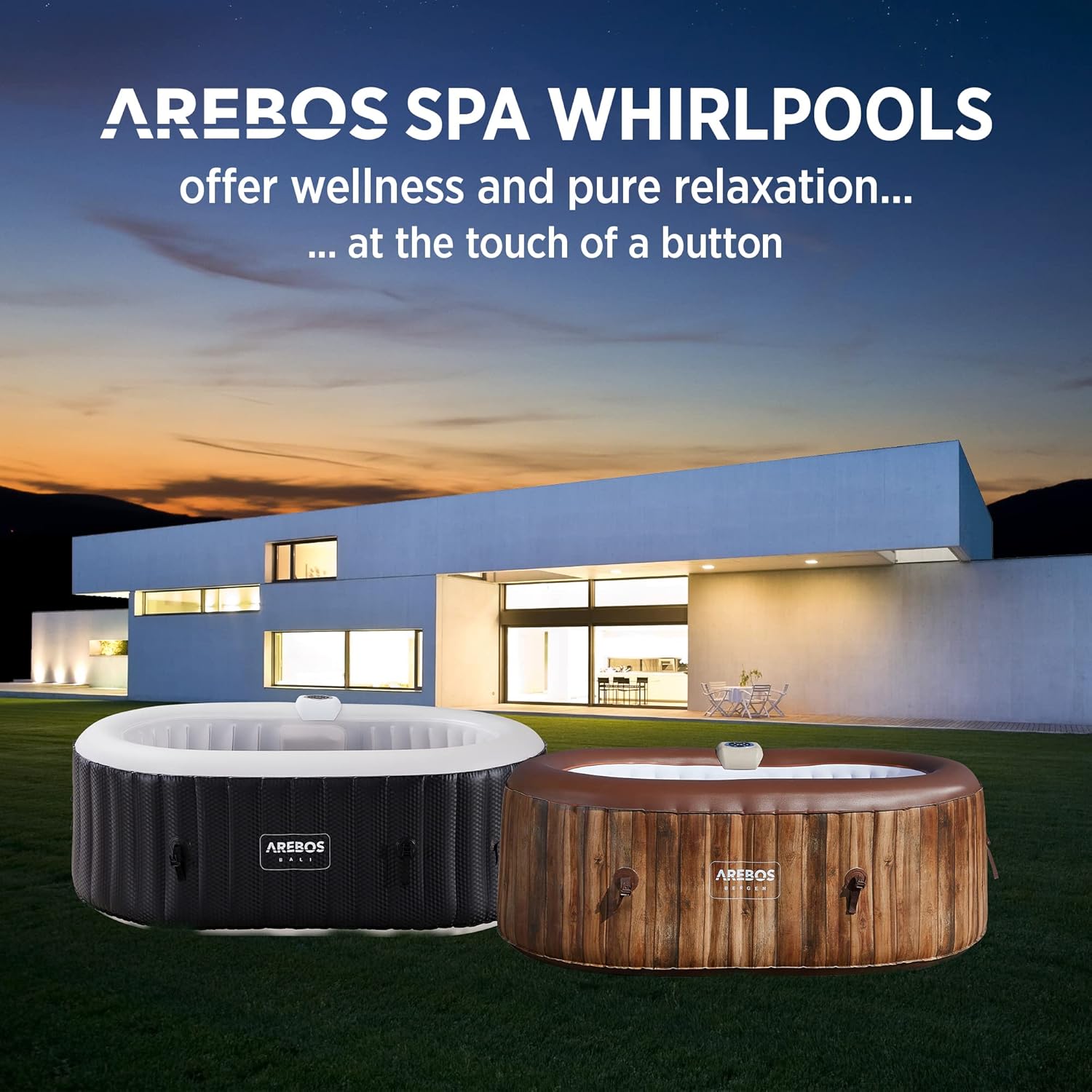 Arebos Whirlpool mit LED Beleuchtung | Aufblasbar | In- & Outdoor | 190x120 cm oval | 2 Personen | 90 Massagedüsen | mit Heizung | 550 Liter | Inkl. Abdeckung | Bubble Spa & Wellness Massage