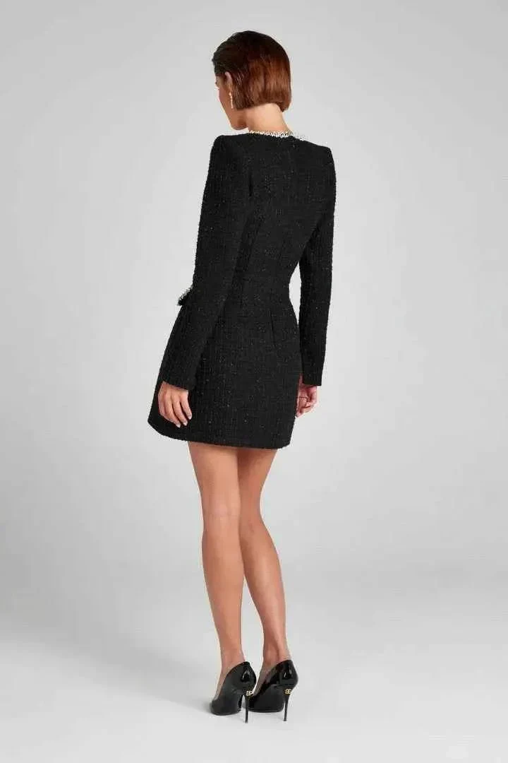 Langarm Tweed Minikleid f��r Damen mit Perlendetails und elegantem Schnitt