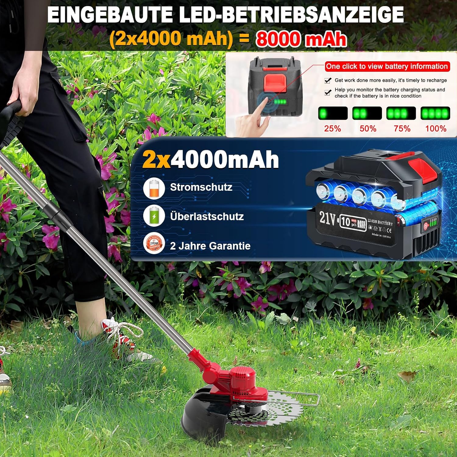 SHJICH Accu grastrimmer, 4-in-1 Multifunctionele accu grastrimmer voor Makita accu, 8000mAh bosmaaier met onkruidborstel, 21V Accu bosmaaier, 100~145cm telescopische steel, voor tuintrimmen