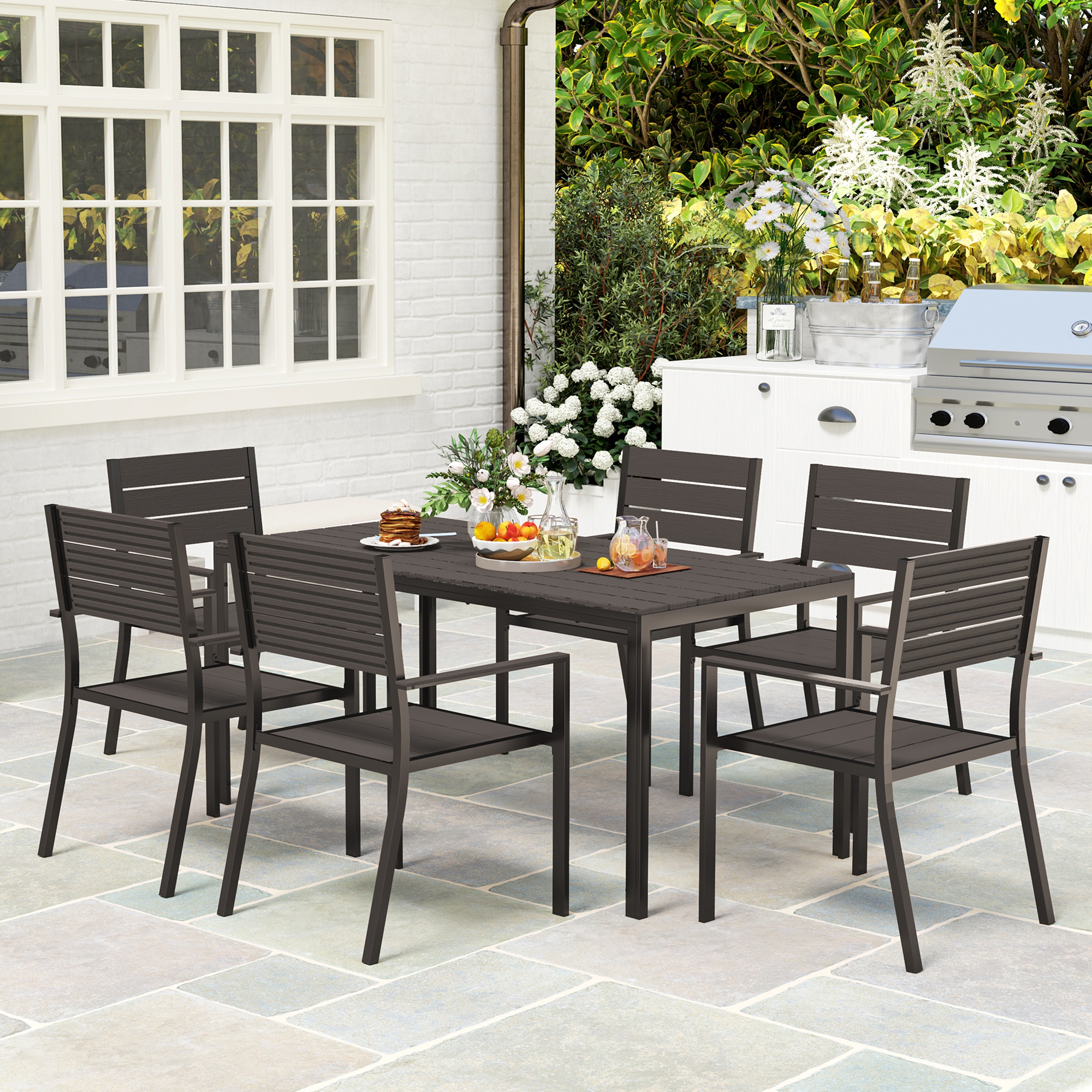 7-delige Tuinset voor 6 Personen - Eettafel met Stapelbare Stoelen in Donkerbruin