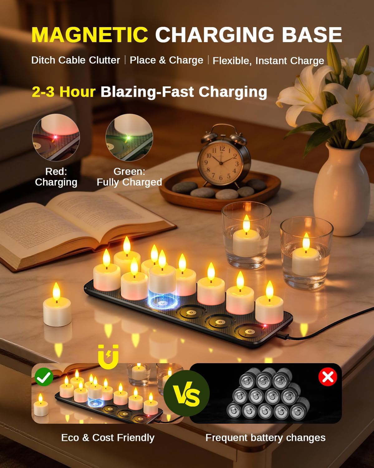 SoulBay Magnetische flammenlose Kerzen, wasserdicht, flackernde LED-Teelichter, Votivkerzen mit Ladestation, Fernbedienung, Timer für Badezimmer, Laterne, Urlaub, Weihnachtsdekoration, Kobalt-Batterie