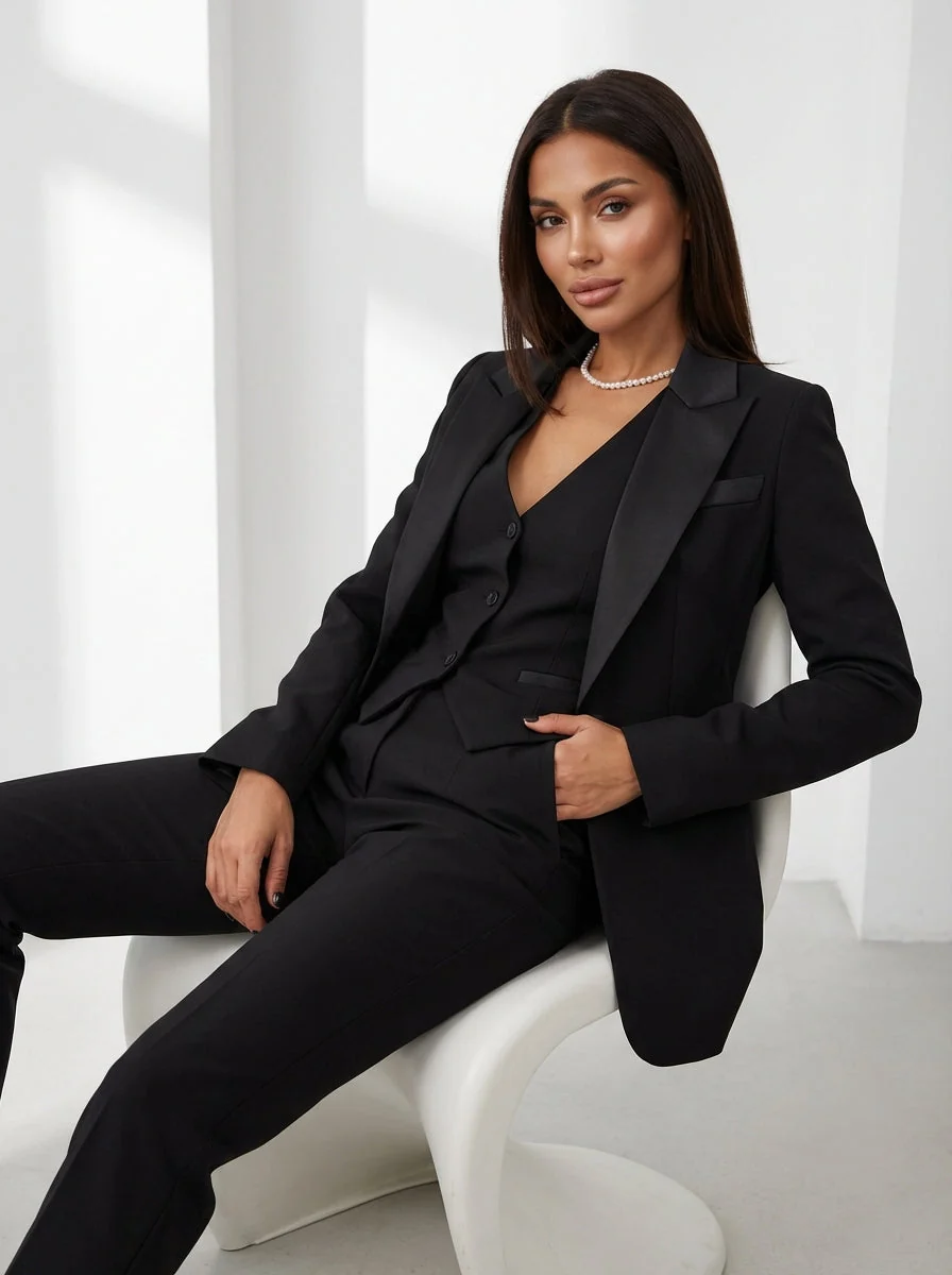 Damen Hosenanzug 3-teilig Set mit Blazer Weste und Stoffhose | Elegantes Business Outfit f��r B��ro und Events