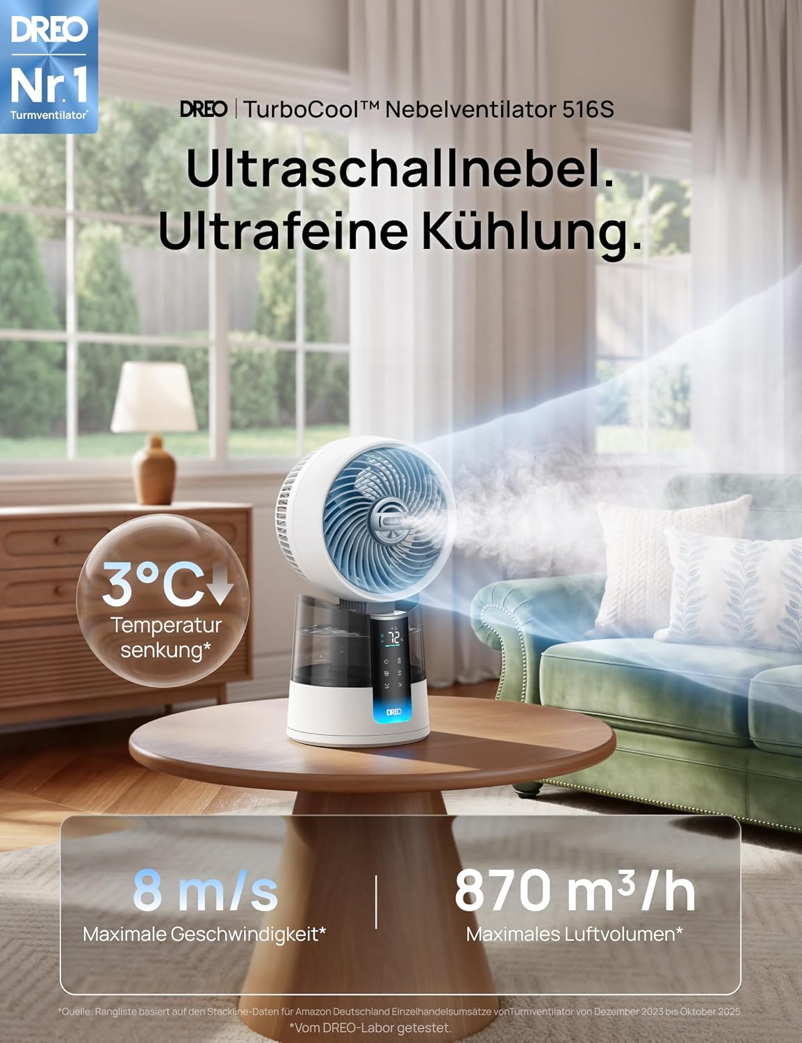 DREO TurboCool Nebelventilator 516S, Tischventilator mit 150°+30° Oszillation, Verdunstungskühler, 7.9 m/s, ultrafeiner Nebel, 20 dB leise, 6 Geschwindigkeiten, 2 Modi, App- & Fernbedienung, RGB, Weiß