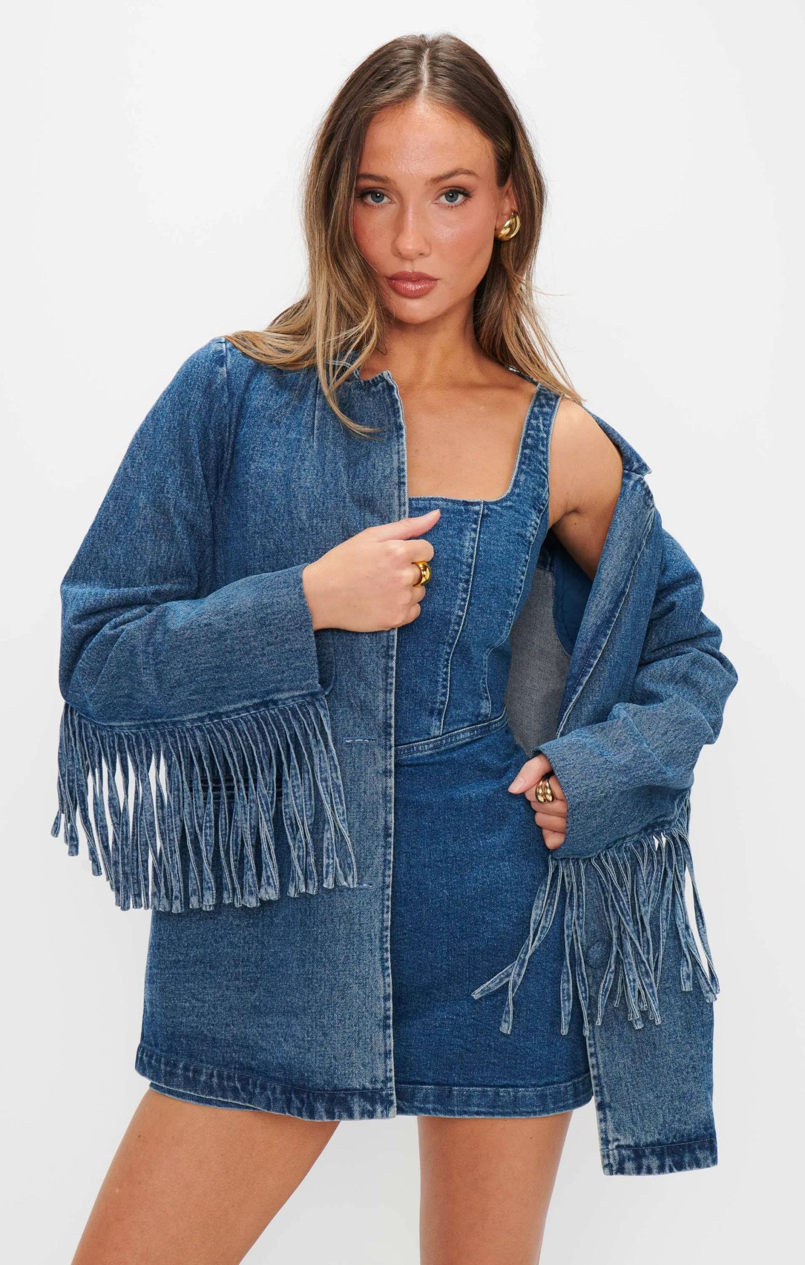 Show Me Your Mumu Sierra Fringe Jacket in Denim-Medium