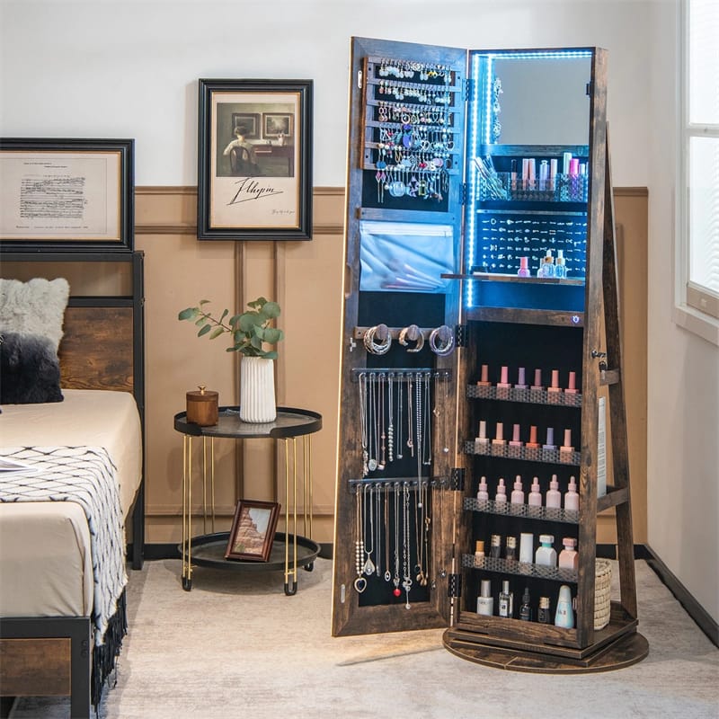 360�� Swivel Jewelry Cabinet Armoire w/ Full Length Mirror 3-Color LED Lights & Rear Shelves, Lockable Standing Jewelry Storage Organizer