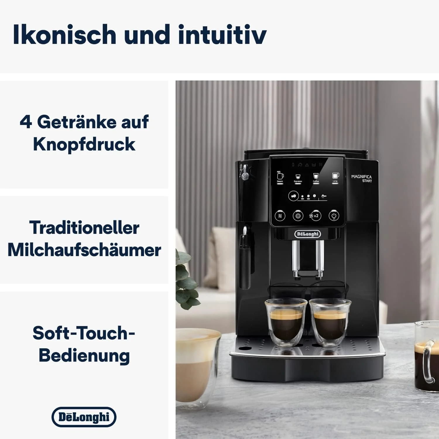 De'Longhi Magnifica Start ECAM222.20.B, volautomatisch koffiezetapparaat met melkopschuimmondstuk, voor cappuccino, met directe espressokeuzetoets en 2x espressostand, 13-traps conische molen, 1450 W, zwart
