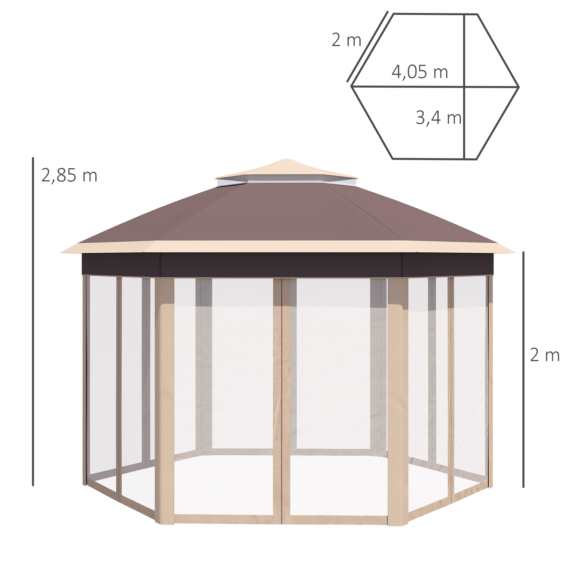 Outsunny tuinpaviljoen opvouwbaar tuinhuisje 4 x 4 m pop-up tent partytent incl. draagtas 6 zijpanelen dubbel dak zeshoekig beige + kaki