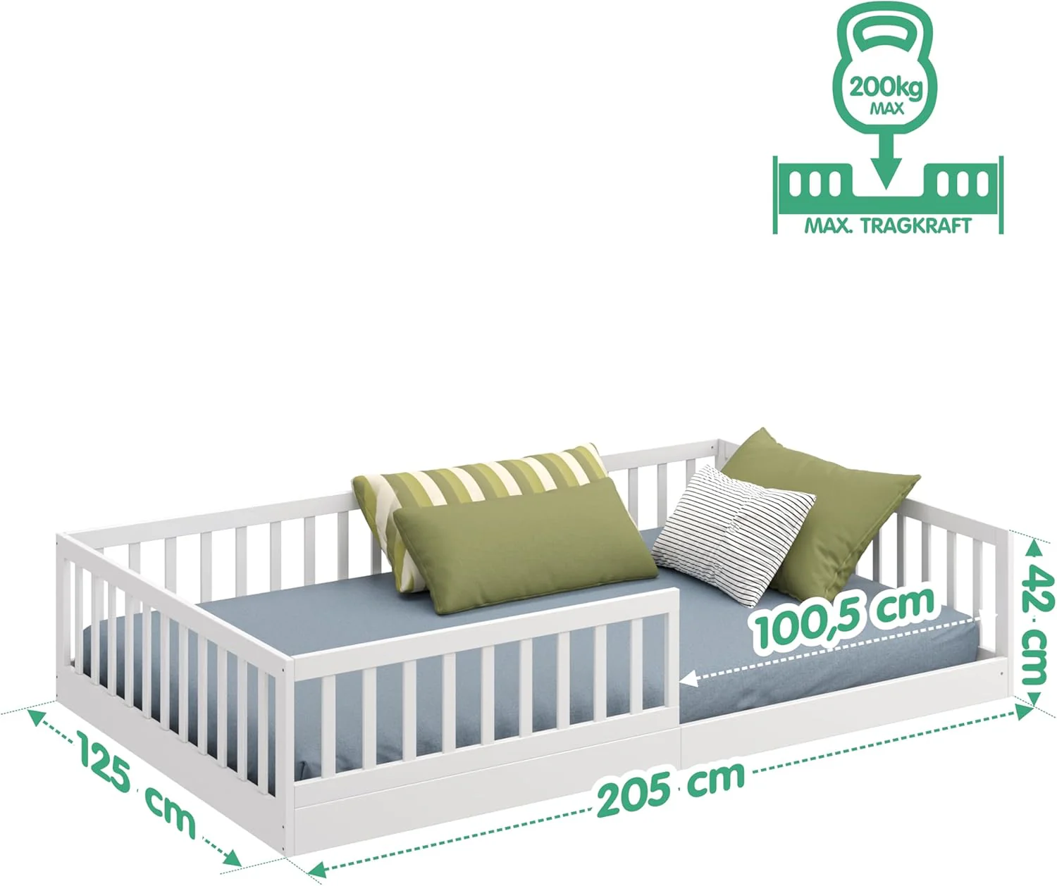 CADANI Timi 2-in-1 Vloerbed 140x200 cm Montessori Kinderbed met uitneembare valbeveiliging incl. lattenbodem, massief grenenhout, wit - 3 opbouwmogelijkheden, belastbaar tot 200 kg, ombouwbaar