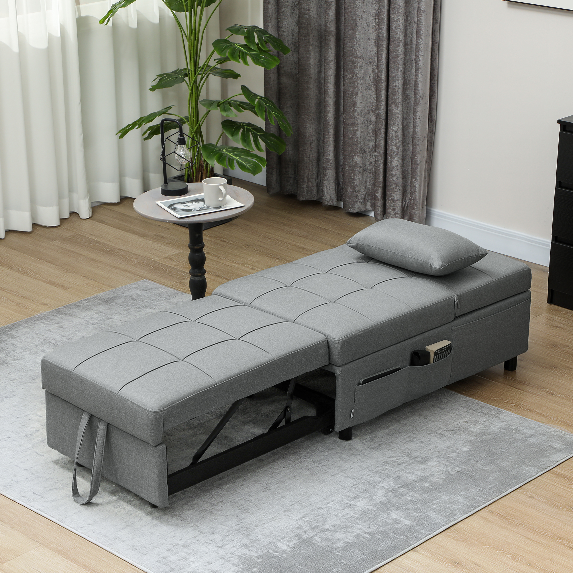 3-in-1 Opklapbare Fauteuil met Zijvak, Gastenbed met Kussen, Verstelbare Rugleuning, Slaapstoel met Wielen, Lichtgrijs