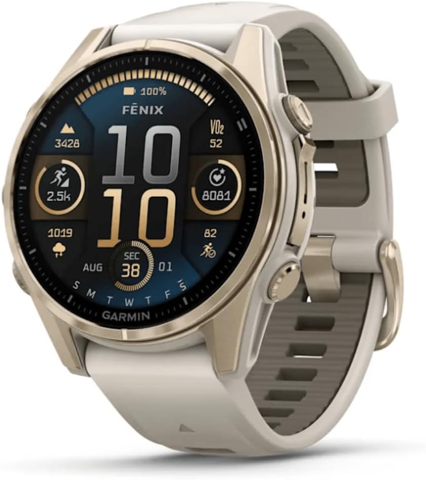 Fenix 8–43 mm, AMOLED, Saphir, weiches Gold mit Nebelgrau/Dunkelsandstein, Silikonband