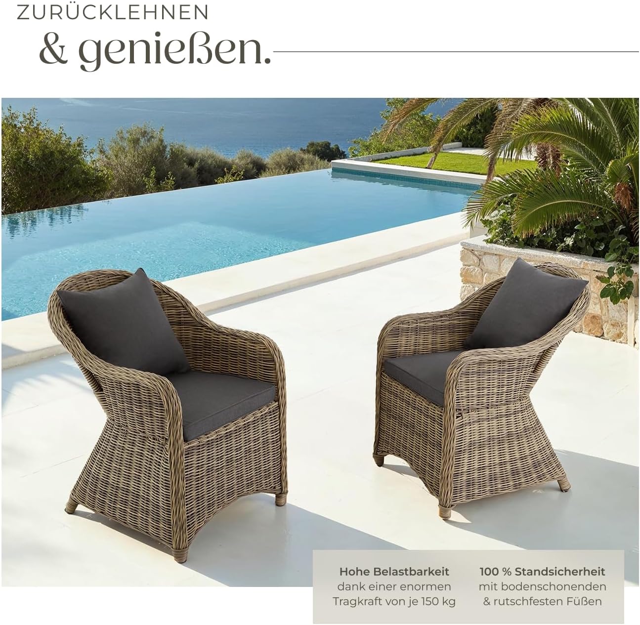 tectake® Alu Polyrattan Gartenstuhl 2er Set, Gartenmöbel Set mit 2 Sessel, wetterfest, Rattan Gartensessel mit weichen Sitzpolster, abziehbarer und waschbarer Bezug, stabil und bodenschonend - Natur