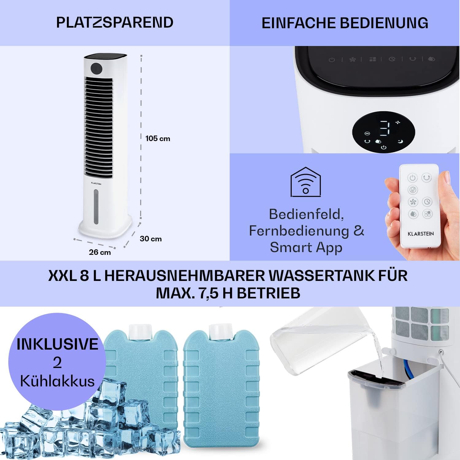 Klarstein Luftkühler mit Wasserkühlung, 5-in-1 Verdunstungskühler, Luftbefeuchter, Ventilator & Luftreiniger, Mobile Klimageräte Luftkühler mit App-Steuerung, 80W Air Cooler, 462m³/h Luftstrom, Weiß