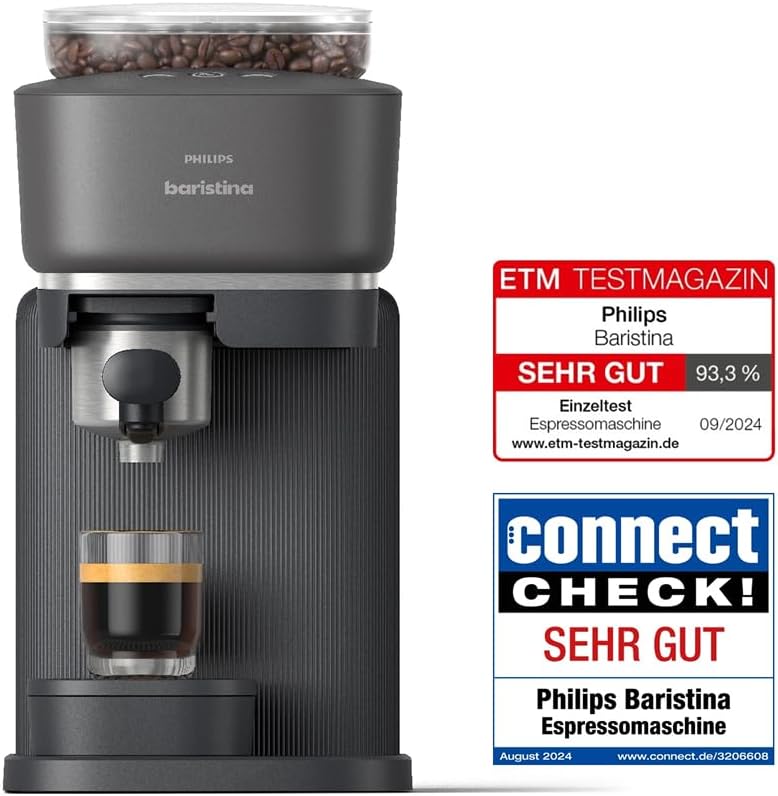Baristina Espressomaschine und Milchaufschäumer Paket –Automatisches Mahlen, Tampen & Brühen, 16 Bar, Kaffeemaschine mit Mahlwerk & Siebträger, leichte Reinigung, Schwarzgrau (BAR308/60)