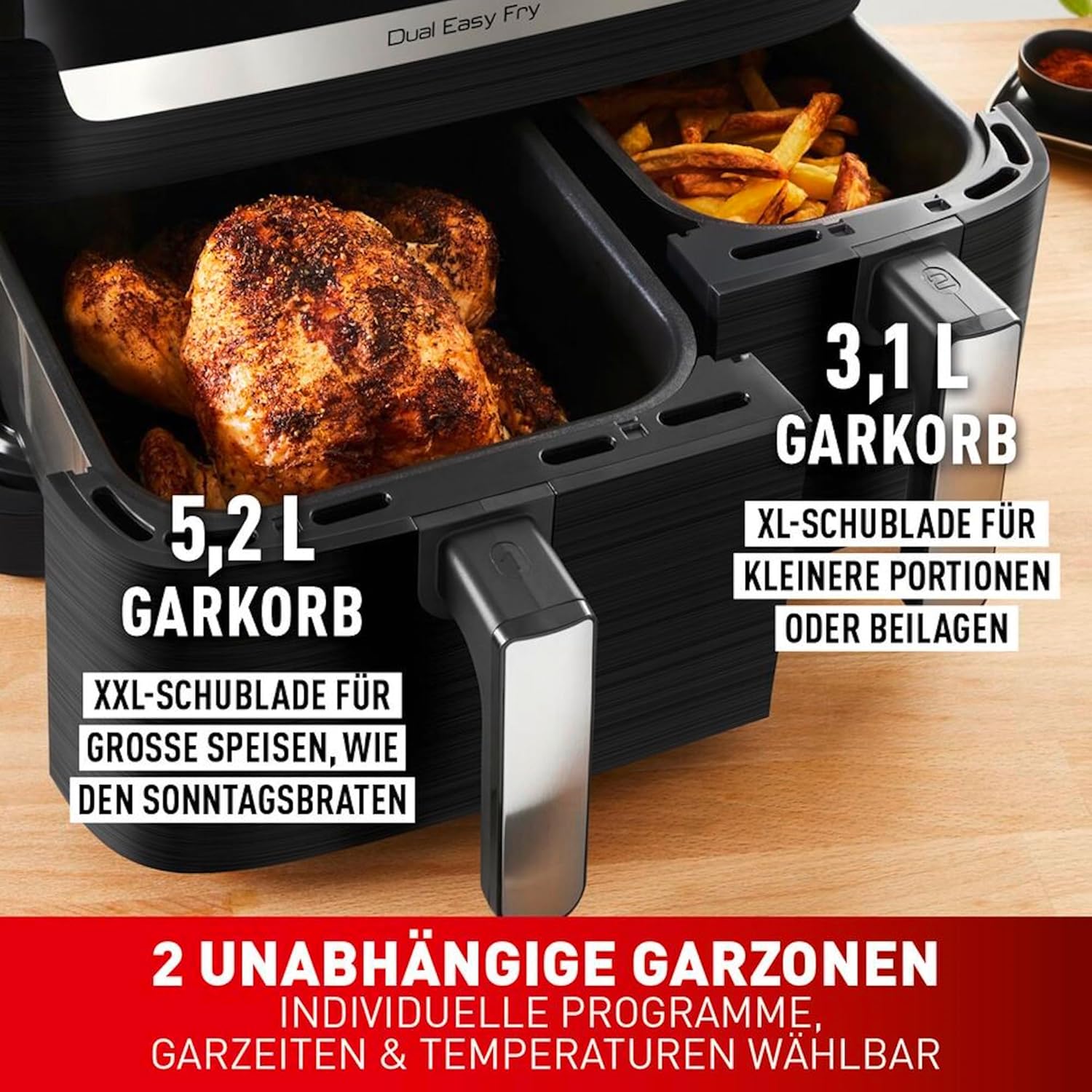 Tefal Dual Easy Fry Heißluftfritteuse Doppelkammer, 5,2/3,1 L Fassungsvermögen, zwei unabhängige Schubladen, 7 automatische Programme, energiesparend, schwarz, EY9018