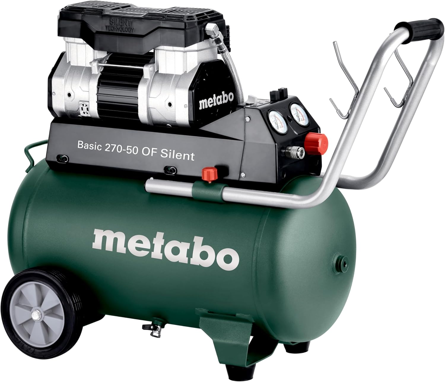metabo Kompressor Basic 270-50 OF Silent - 50L Kessel, 10 bar Druck, 130 l/min Füllleistung - Ölfrei, leise, mobiler Werkstatt-Kompressor für Heimwerker  und  Profis - Inkl. Schnellkupplung und Zuggriff