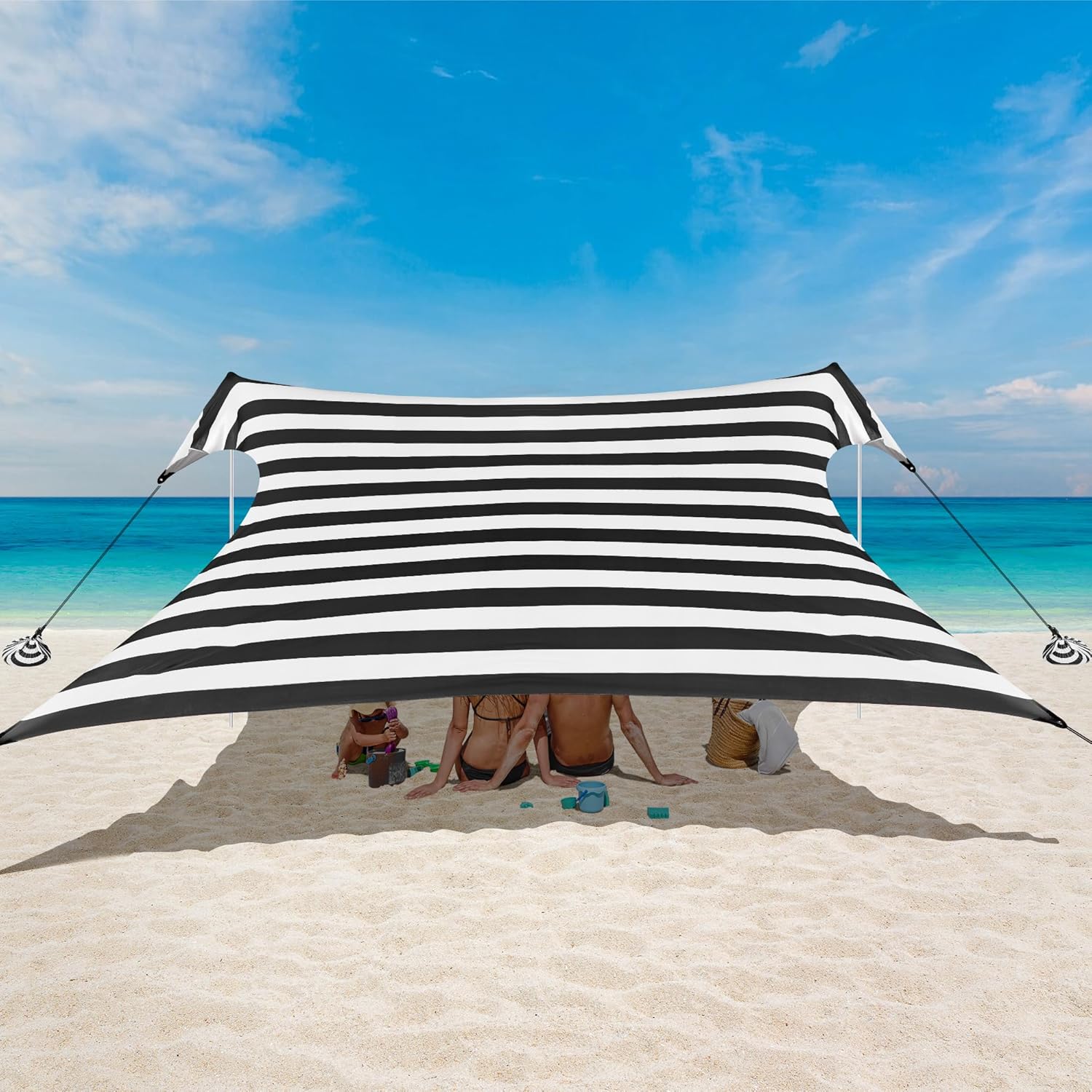 Strandzelt, Strandüberdachung, Sonnenschutz, UPF 50+, tragbarer 3 × 3 m, Camping-Sonnenschutz mit Sandsäcken, Stangen, Heringen und Anti-Wind-Seilen für Outdoor, Hinterhof, Picknicks, Angeln, Schwarz