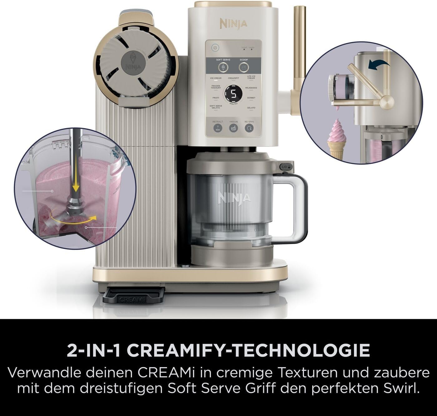 Ninja CREAMi Scoop & Swirl Eismaschine mit 2 Behältern, 13 Funktionen, für Eiscreme, Softeis, Gelato, Sorbet, Milchshakes und mehr, mit Mix-In-Funktion, Stone Gold NC701EUSTGD