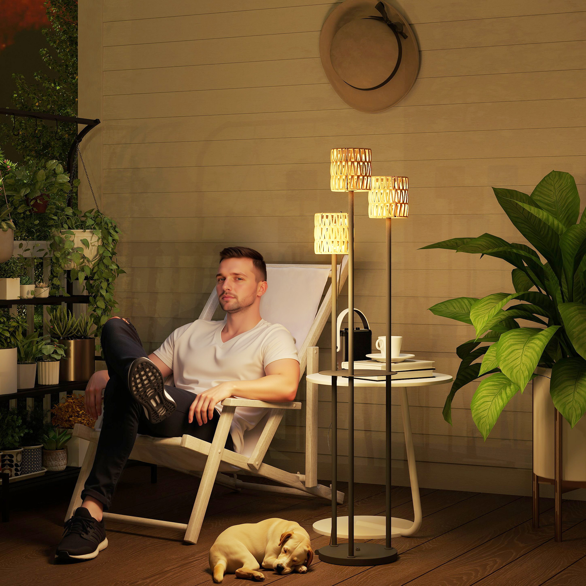 Outsunny Staande Solarlamp Rattan met Lichtsensor, 3-lamps in Boho-Stijl IP44 ?37 x 144H cm