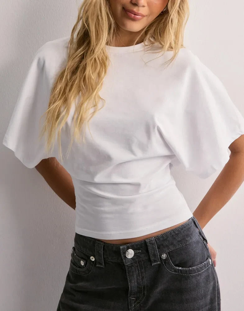 Damen T-Shirt mit Butterfly-?rmeln | Tailliertes Kurzarmshirt aus Baumwollmix | Modisches Slim Fit Oberteil f��r jeden Tag