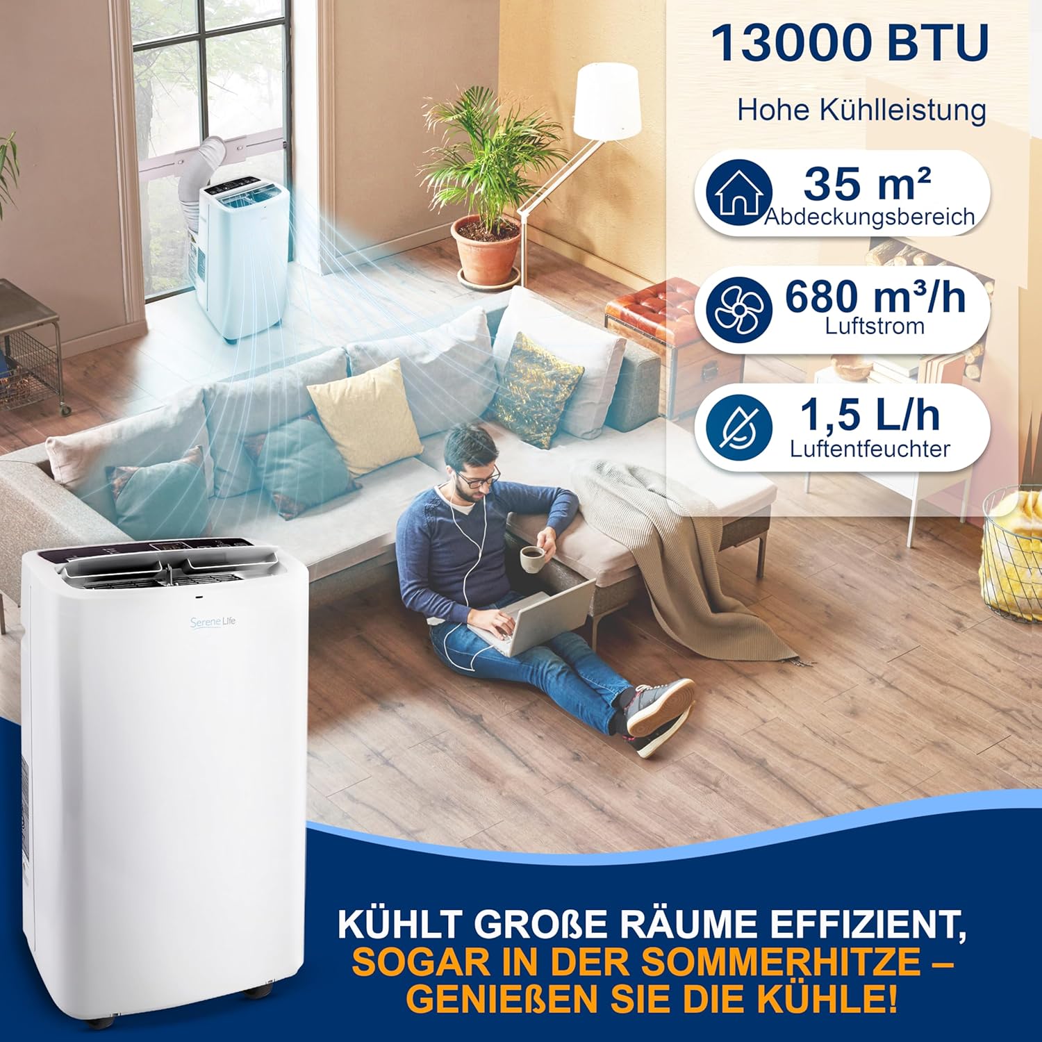 SereneLife Mini Klimaanlage mobil, 3-in-1 mobiles Klimagerät mit Abluftschlauch – Luftkühler, Luftentfeuchter & Ventilator, Air conditioner – 9.000 BTU, 1,5L Feuchtigkeit/Stunde, kühlt Räume bis 42 m2
