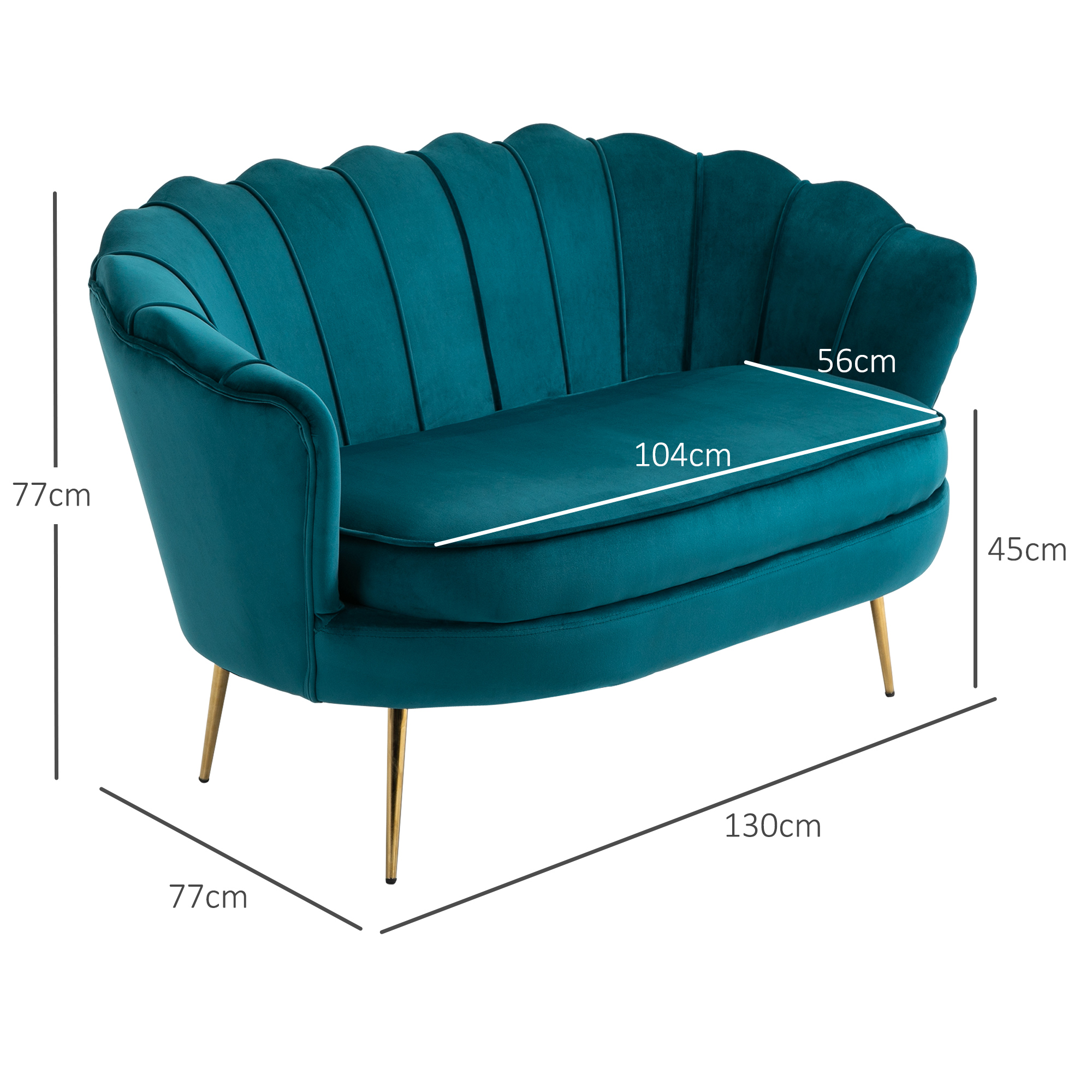 Tweezitsbank, Sofa, Gepolsterde Bank, Samtlook, Dubbelzitbank, tot 150 kg belastbaar, 130 x 77 x 77 cm, Donkergroen