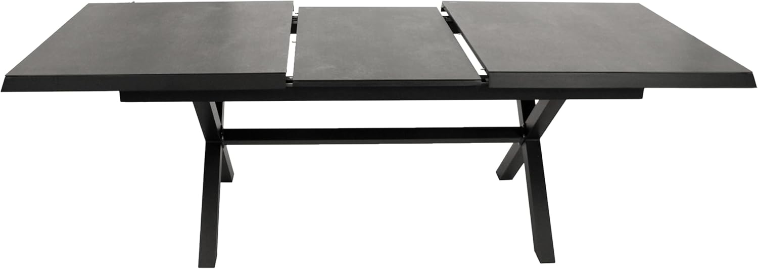 DEGAMO Gartentisch Ausziehtisch Almada XL, 180/240x100cm, Aluminium anthrazit + Glas in Keramikoptik hellgrau, Automatik-Auszug, Outdoor