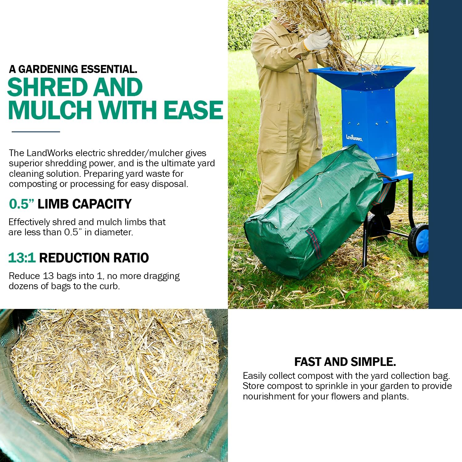 2025 Landworks Leaf Mulcher Shredder Electric Green and Waste Management Heavy Duty 120V AC 11