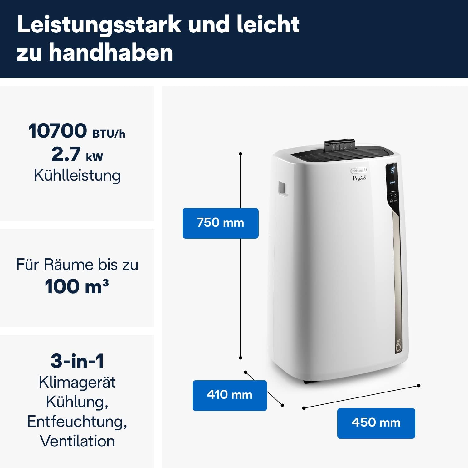De'Longhi Pinguino PAC EM82, Mobile Klimaanlage für Rume bis zu 80 m, 9.400 BTU, 2,4 kW, 63 dB, Entfeuchtungsfunktion, Energieklasse A, 24h-Timer, Wei
