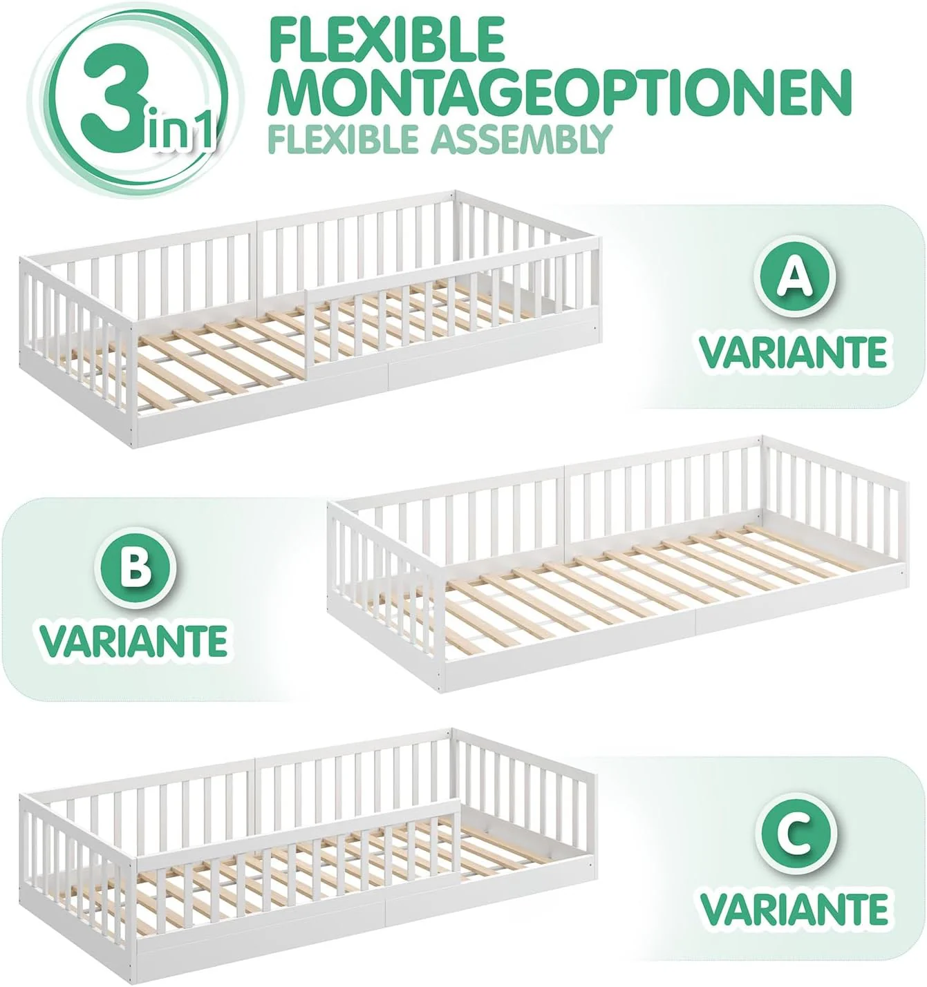 CADANI Timi 2-in-1 Vloerbed 140x200 cm Montessori Kinderbed met uitneembare valbeveiliging incl. lattenbodem, massief grenenhout, wit - 3 opbouwmogelijkheden, belastbaar tot 200 kg, ombouwbaar
