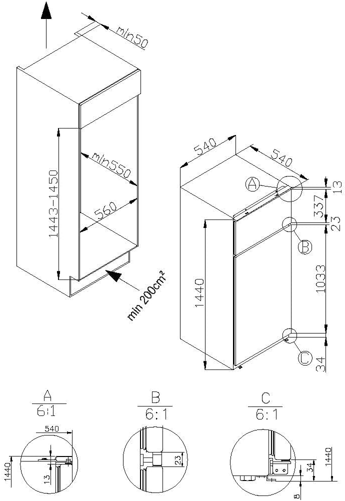 Amica Einbau-Kühlschrank mit Gefrierfach oben, Doppeltür, 145 cm Nische, Schlepptür-Technik, elektronische Steuerung, Inverter-Motor, LED-Beleuchtung