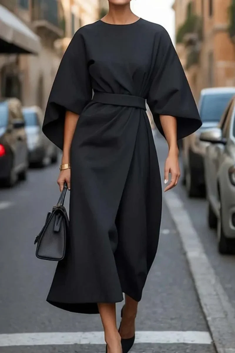 Elegantes Midi-Kleid mit Ballon?rmeln und Taillenband | Stilvolles Damenkleid mit U-Boot-Ausschnitt und Rei?verschluss