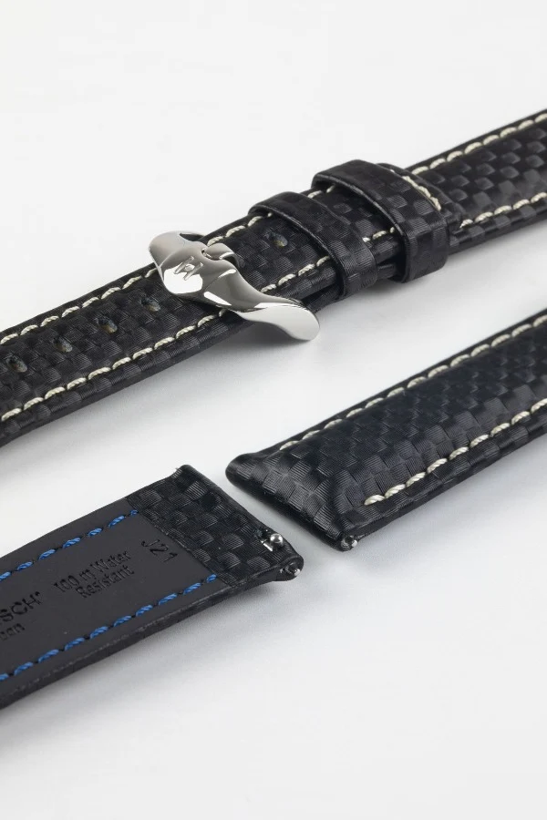 Hirsch CARBON Embossed Water-Resistant Leather Watch Strap in BLACK