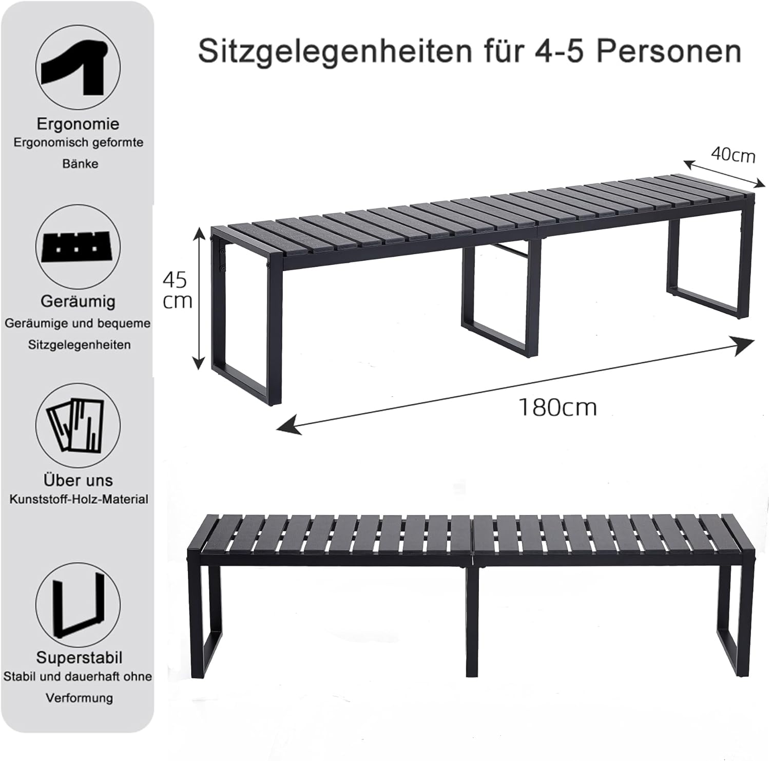 Mingone Outdoorbank für 3-4 Personen, witterungsbeständige Holz-Kunststoff-Verbundwerkstoffe (WPC), Gartenbank für Park und Terrasse, Schwarze Sitzbank ohne Rückenlehne, Belastbarkeit 250 kg